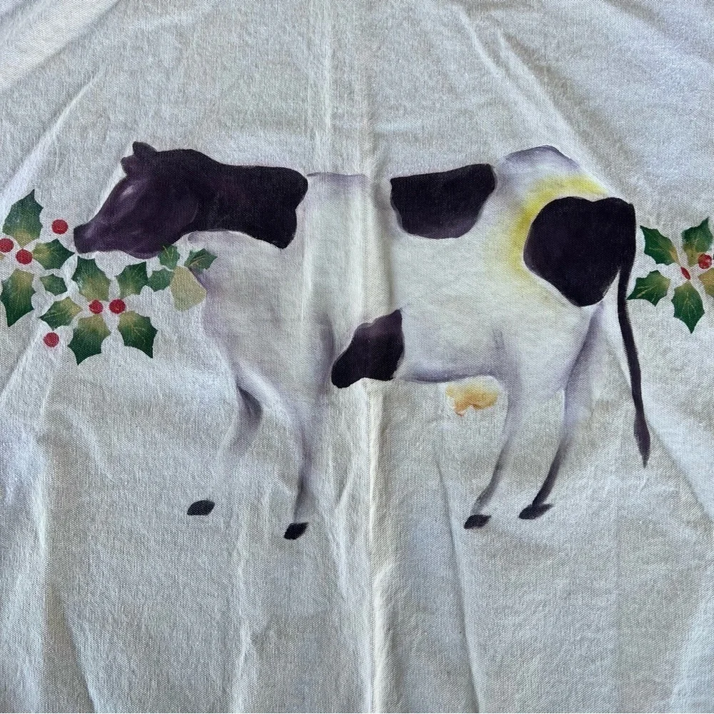Handpainted Country Farm Christmas Tree Skirt Cow Rooster Holly Berries 54”